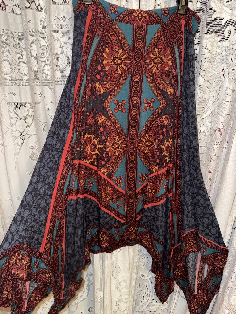 Free People Traveler Teal and Rust Asymmetrical Boho Skirt - Picture 2 of 9